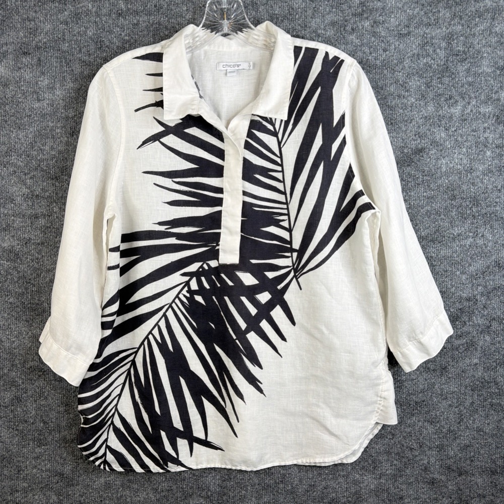Chico's 100% Linen Shirt Women's Size 0 White Palm Print Button Back